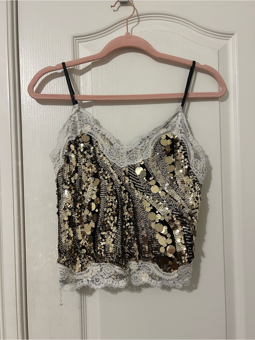 Women's Gold Sequin Lace Cami with White Trim